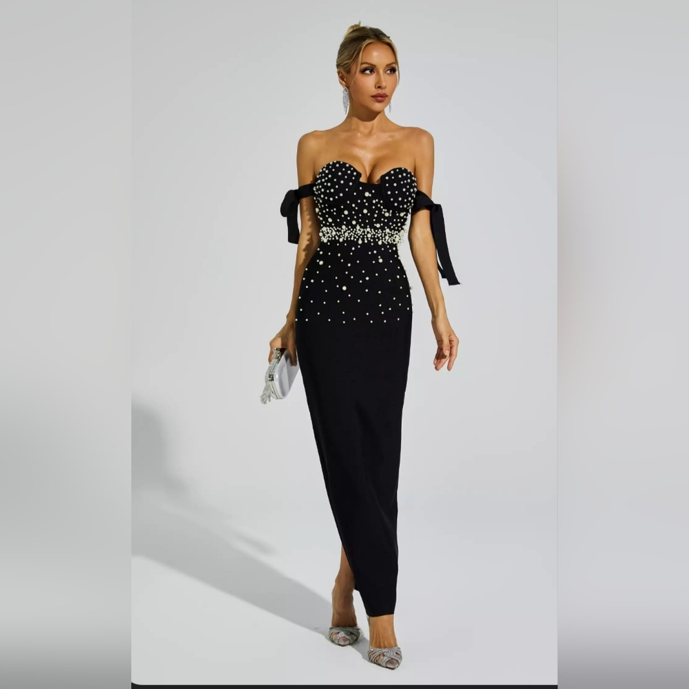 Chic Strapless Black Dress with Pearl Detailing